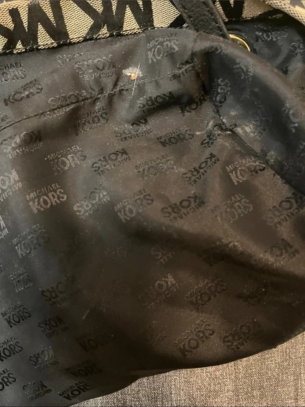 EUC Michael Kors Black & Brown MK Logo Tote with Gold Charm Leather Straps - Picture 11 of 14